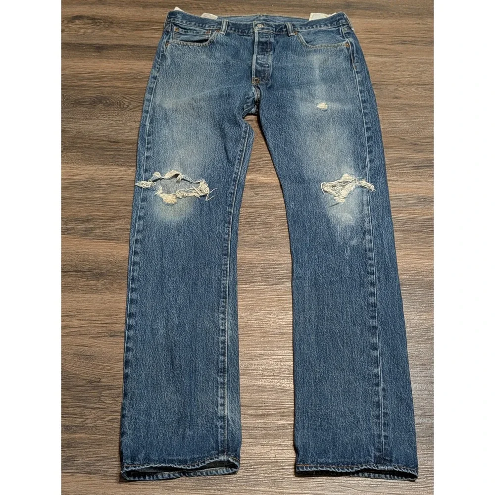 Levis 501 Original Fit Mens Distressed Straight Leg Jeans Blue W36 L34 (Fits 35)